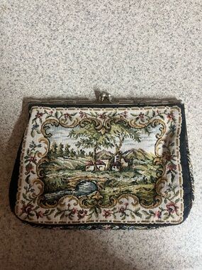 Vintage Tapestry Needlepoint Wallet - Green Scenic Design
